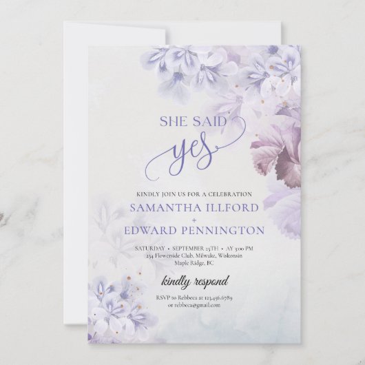 Boho spring pastös lila dusty blue sagte ja einladung (Vorderseite)