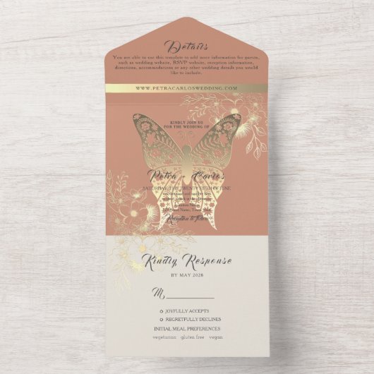 Boho Spring Peach Wedding All In One Einladung (Innen Boden)