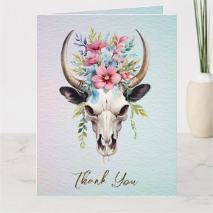Boho Spring Watercolor Floral Cow Skull Wedding Dankeskarte