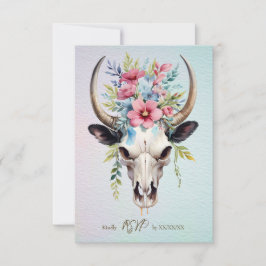 Boho Spring Watercolor Floral Cow Skull Wedding RSVP Karte