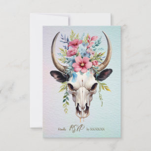 Boho Spring Watercolor Floral Cow Skull Wedding RSVP Karte
