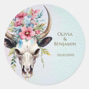 Boho Spring Watercolor Floral Cow Skull Wedding Runder Aufkleber