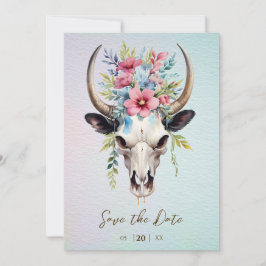 Boho Spring Watercolor Floral Cow Skull Wedding Save The Date