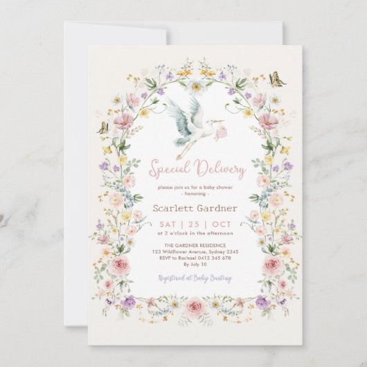 Boho Spring Wildblume Stork Girl Babydusche Einladung (Vorderseite)