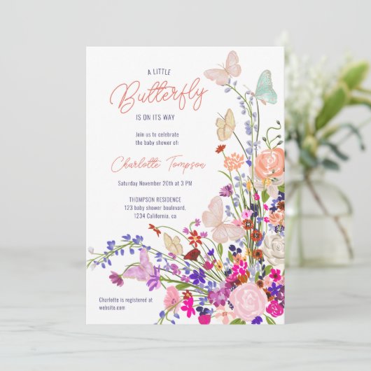 Boho spring Wildblumen niedliche Schmetterlingsdus Einladung (Stehend Vorderseite)