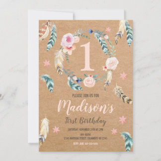 Boho Stamm 1. Geburtstag Einladung für ein Mädchen