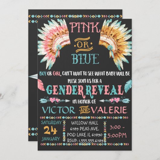 Boho Stamm Gender Reveal Einladung Boy oder Mädche (Vorne/Hinten)