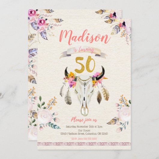 Boho Stammes- Blumenschädel-50. Einladung (Vorne/Hinten)