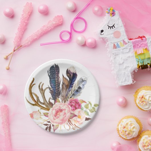 Boho Stammes- Chic-Federn und Rosen-Papierplatte Pappteller (Party)