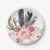 Boho Stammes- Chic-Federn und Rosen-Papierplatte Pappteller (Vorderseite)