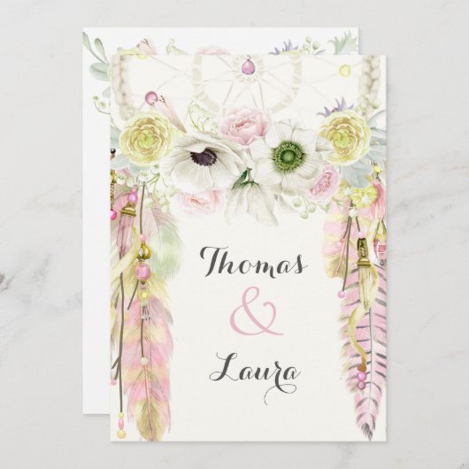 Boho Stammes- Traumfänger-Aquarell-Rosa-Gelb Einladung (Vorne/Hinten)