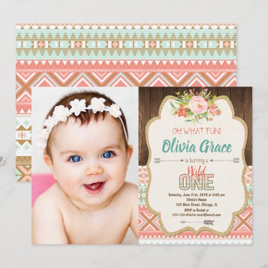 Boho Stammes- wildes 1. Geburtstags-Foto Mädchens Einladung (Vorne/Hinten)
