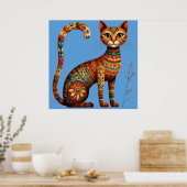 Boho Stammeskatze Süße Volkskunst mit Blumen Poster (Küche)