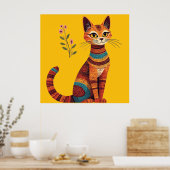 Boho-Stammeskatze Süße Volkskunst mit Blumen Poster (Küche)