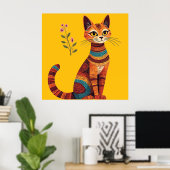 Boho-Stammeskatze Süße Volkskunst mit Blumen Poster (Heimbüro)