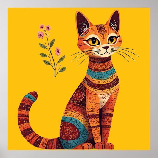 Boho-Stammeskatze Süße Volkskunst mit Blumen Poster (Vorne)