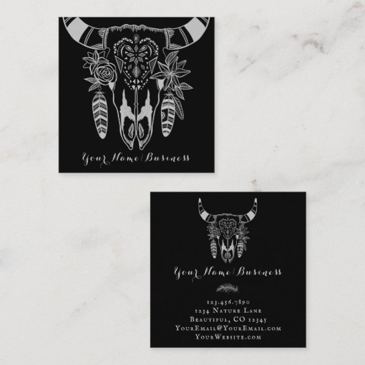 Boho Stammesschädel Schwarz-Weiß-Bohemisch Quadratische Visitenkarte (Vorne/Hinten)