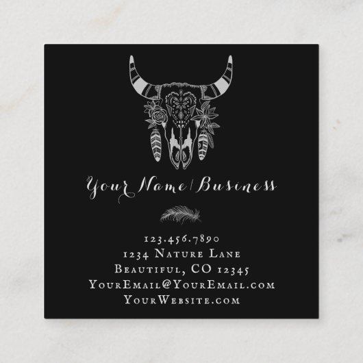 Boho Stammesschädel Schwarz-Weiß-Bohemisch Quadratische Visitenkarte (Rückseite)