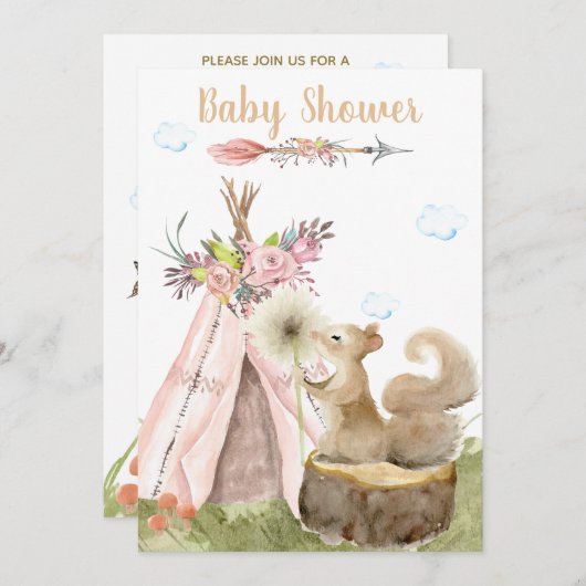 *~* Boho Stammesteepee Eichhörnchen Wald Wald Einladung (Vorne/Hinten)