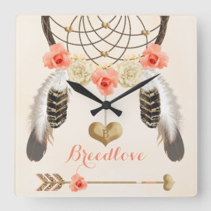 Boho Stammesuhr mit Dreamcatcher und Feathers Quadratische Wanduhr