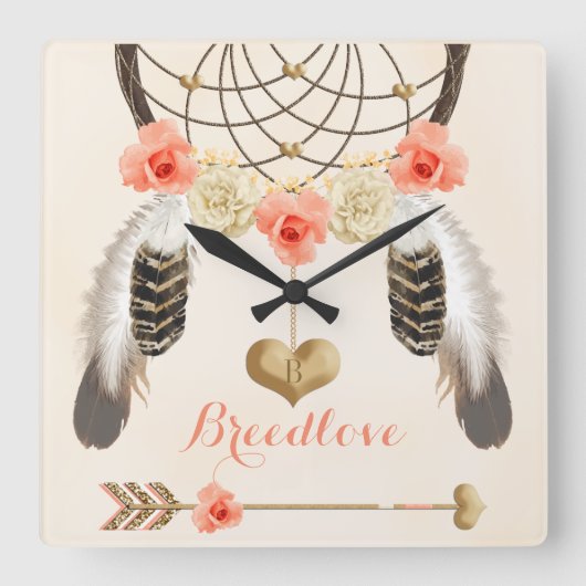 Boho Stammesuhr mit Dreamcatcher und Feathers Quadratische Wanduhr (Vorderseite)
