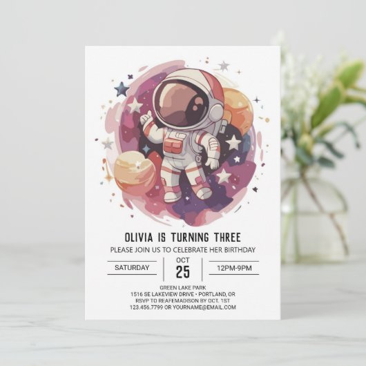 Boho Starry Adventure Astronaut Geburtstag Einladung (Stehend Vorderseite)