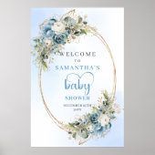 Boho Staubblau Blumen Grüner Babyshower Willkommen Poster (Vorne)