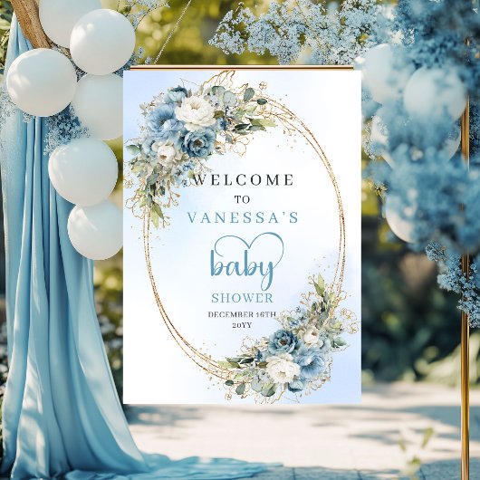 Boho Staubblau Blumen Grüner Babyshower Willkommen Poster