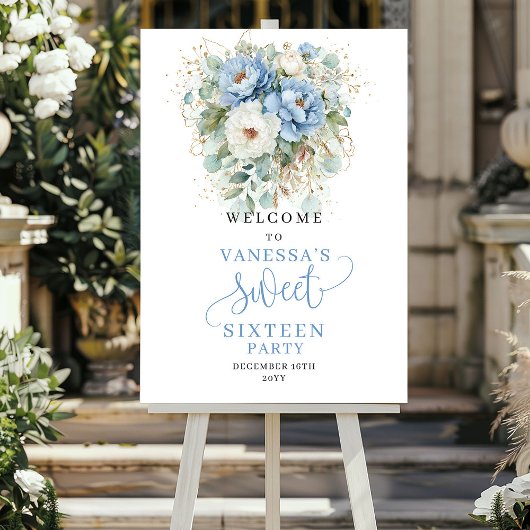 Boho-Staubblau Blumen Sweet 16 Willkommensschild Poster