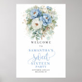 Boho-Staubblau Blumen Sweet 16 Willkommensschild Poster (Vorne)