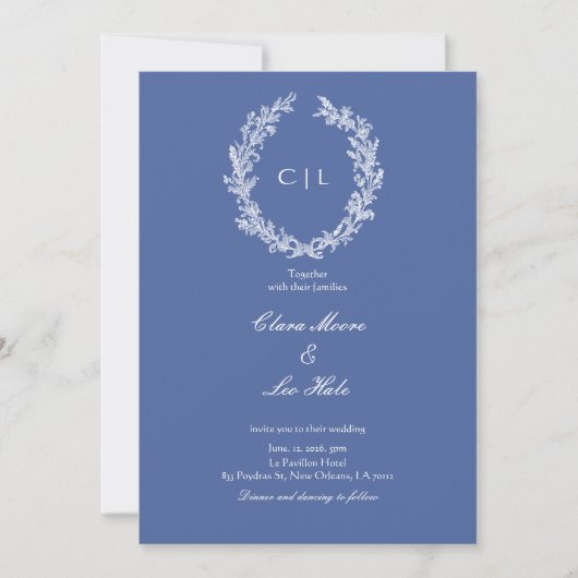 Boho-Staubblau-Botanikkranz-Hochzeit Einladung (Vorderseite)
