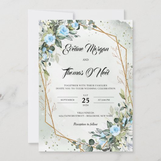 Boho staubige blaue Vegetation und Goldrahmen Einladung (Vorderseite)