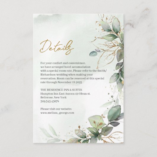 Boho staubige grüne Blätter Goldrahmen Details Begleitkarte (Vorderseite)