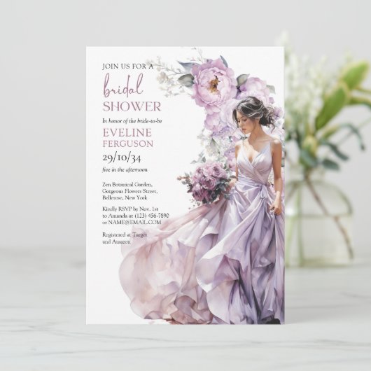 Boho staubige lila Blumengrün Hochzeitskleid Einladung (Stehend Vorderseite)