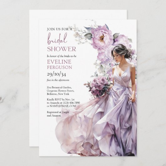 Boho staubige lila Blumengrün Hochzeitskleid Einladung (Vorne/Hinten)