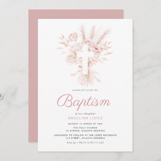 Boho staubige Rose Pampas Blumentaufen Einladung (Vorne/Hinten)