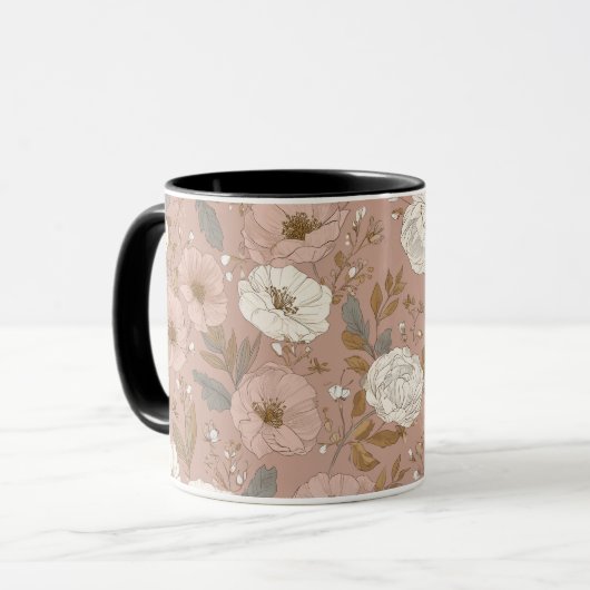 Boho-Staubrose-Blumen-Beige-Blumenmuster Tasse (Vorderseite Links)