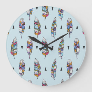 Boho-Stil Feder Handgezeichnet Große Wanduhr