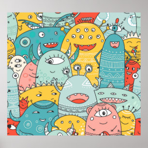 Boho Stil niedliche Monster, nahtlos. Poster