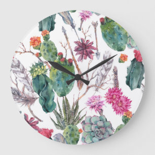 Boho-Stil, Vintage-Kaktus-Aquarell. Große Wanduhr