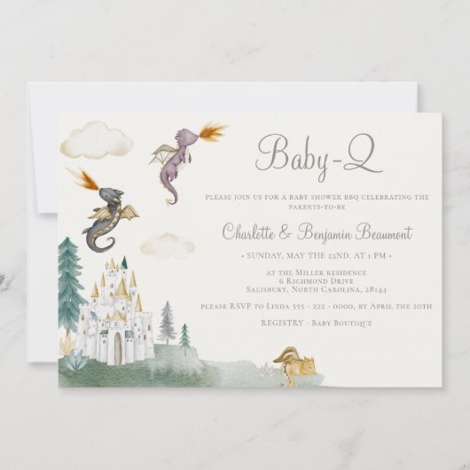 Boho Storybook Dragon Baby-Q GRILLEN Baby Shower Einladung (Vorderseite)