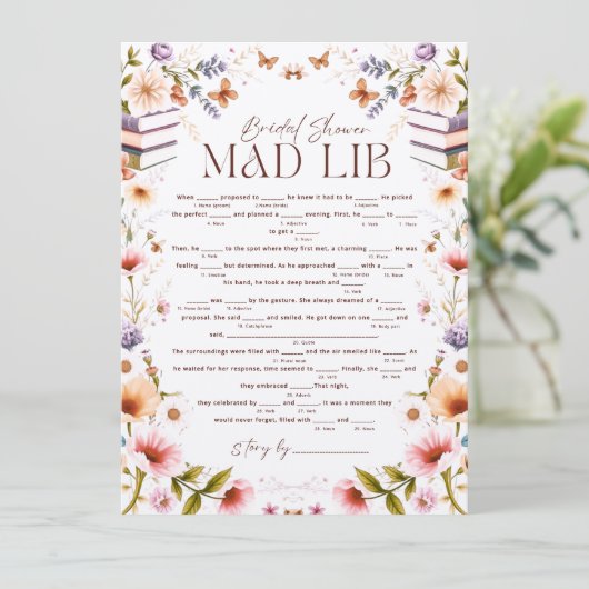 Boho Storybook Floral Mad Libs Brautparty Game (Stehend Vorderseite)