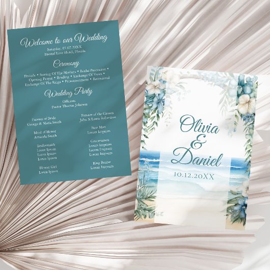Boho-Strand Blaues Blumenbogen-Hochzeitsprogramm Programm