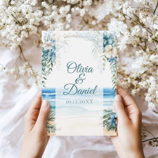 Boho-Strand Blaues Blumenbogen-Hochzeitsprogramm Programm