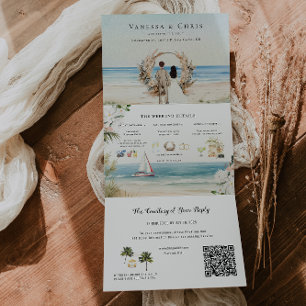 Boho-Strand   Illustrierte Hochzeit Dreifach Gefaltete Einladung