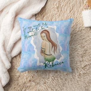 Boho-Strand-Meerjungfrau-Blauer-Ozean-Wasserfarbe- Kissen