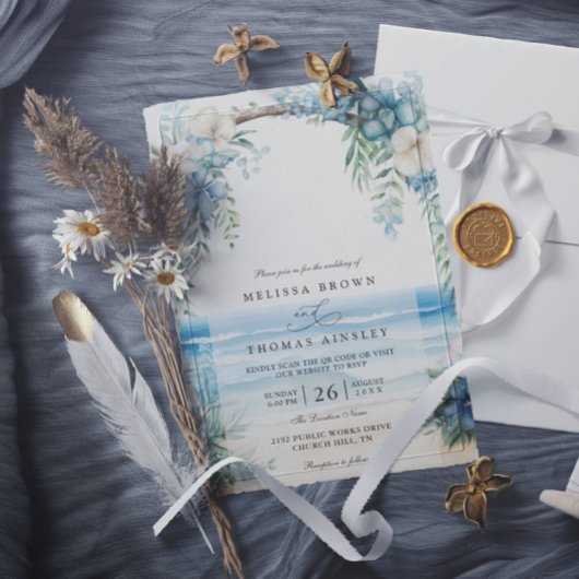 Boho-Strand-Wasserfarben-Blumen-QR-Code-Hochzeit Einladung