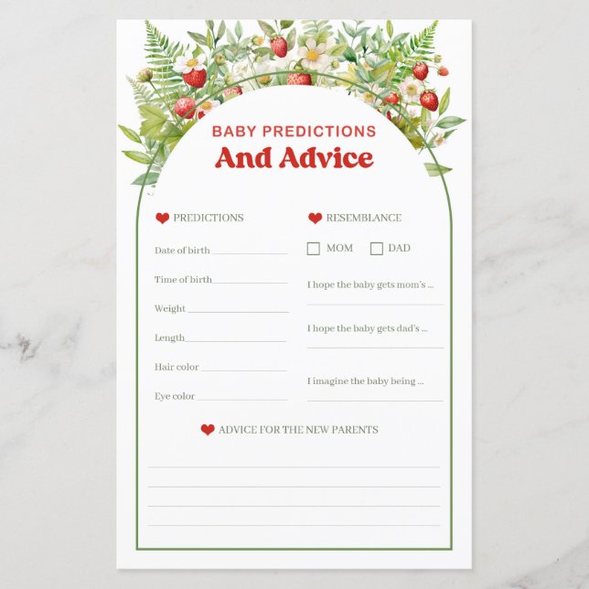 Boho Strawberry Baby Predictions and Advice game (Vorderseite)