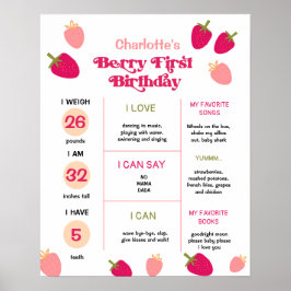 Boho Strawberry Berry First Birthday Milestone Poster