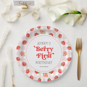 Boho Strawberry Berry First Girl Birthday Favorite Pappteller